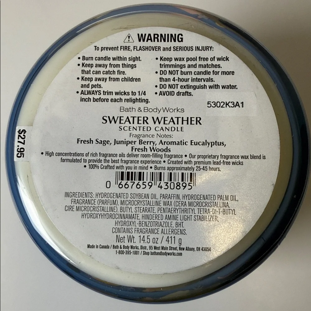 Bath & Body Works Sweater Weather Soy Wax Blend Retired 3 Wick Candle